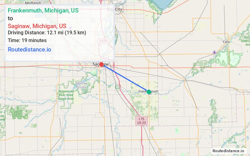 Route map from Frankenmuth to Saginaw