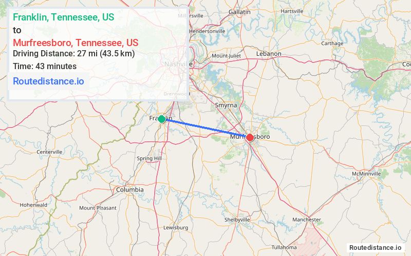 Route map from Franklin to Murfreesboro
