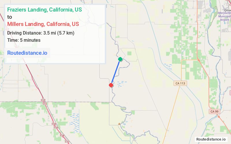 Route map from Fraziers Landing to Millers Landing
