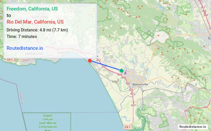 Route map from Freedom to Rio Del Mar