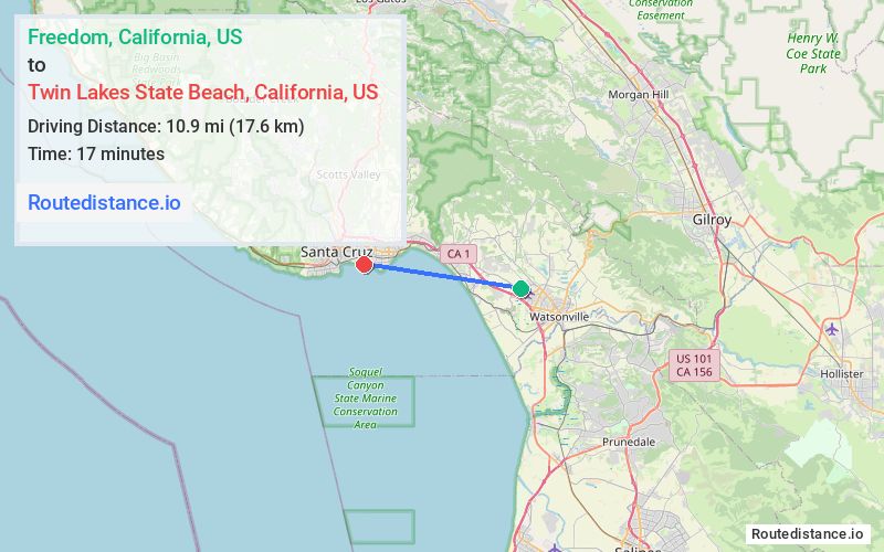 Route map from Freedom to Twin Lakes State Beach