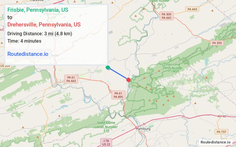 Route map from Frisbie to Drehersville