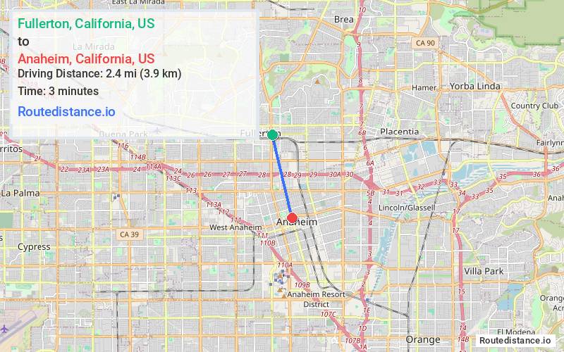 Route map from Fullerton to Anaheim