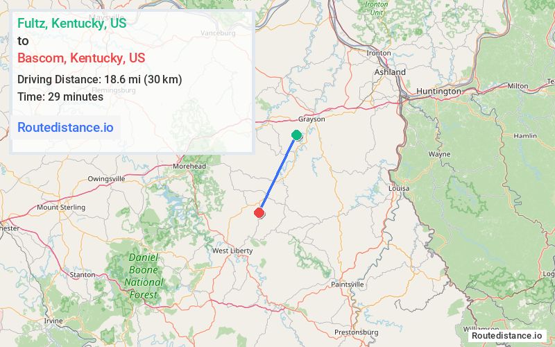 Route map from Fultz to Bascom
