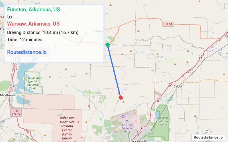 Route map from Funston to Warsaw