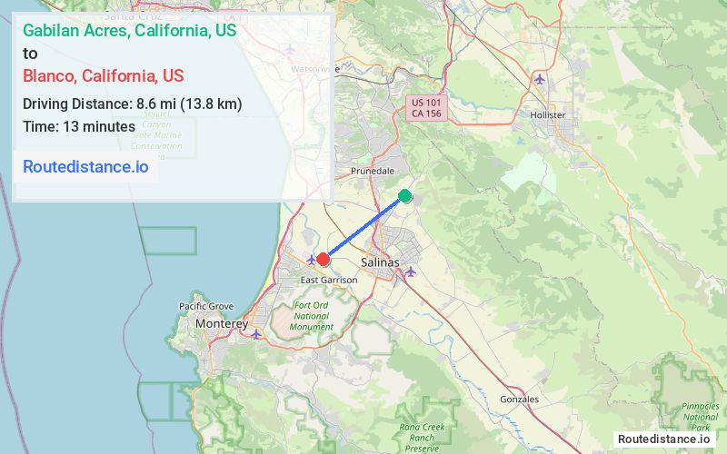 Route map from Gabilan Acres to Blanco