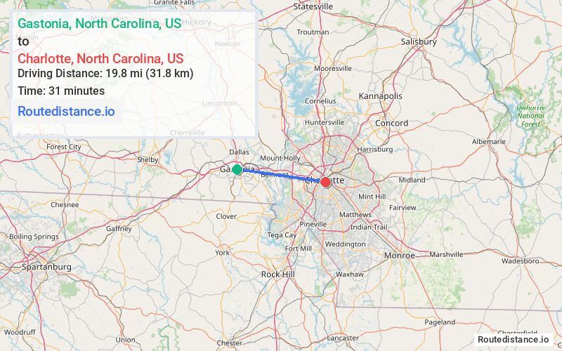 Route map from Gastonia to Charlotte