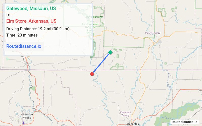 Route map from Gatewood to Elm Store