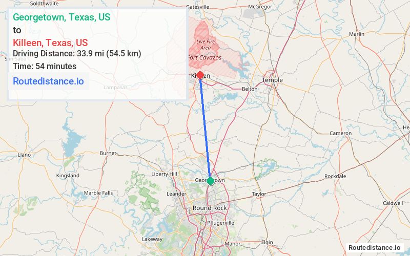 Route map from Georgetown to Killeen