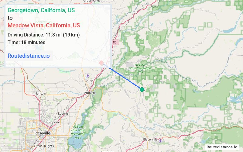 Route map from Georgetown to Meadow Vista