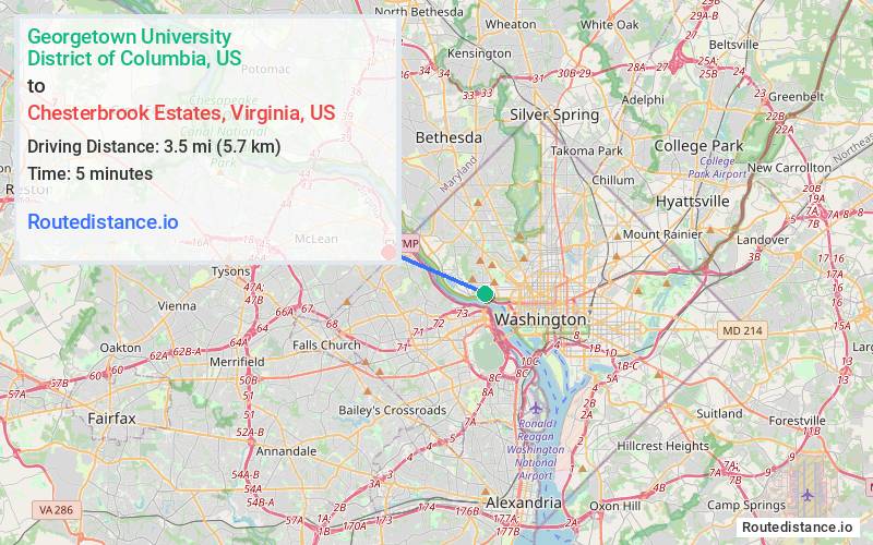 Route map from Georgetown University to Chesterbrook Estates
