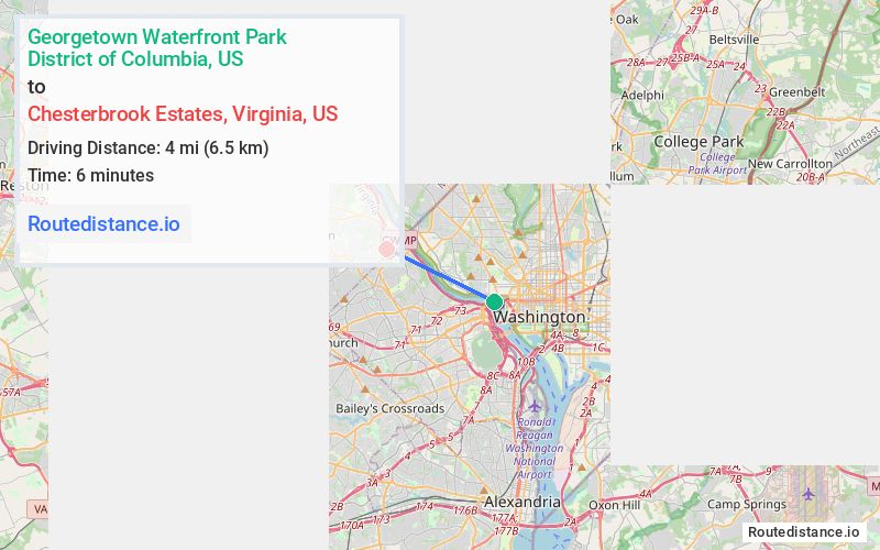 Route map from Georgetown Waterfront Park to Chesterbrook Estates