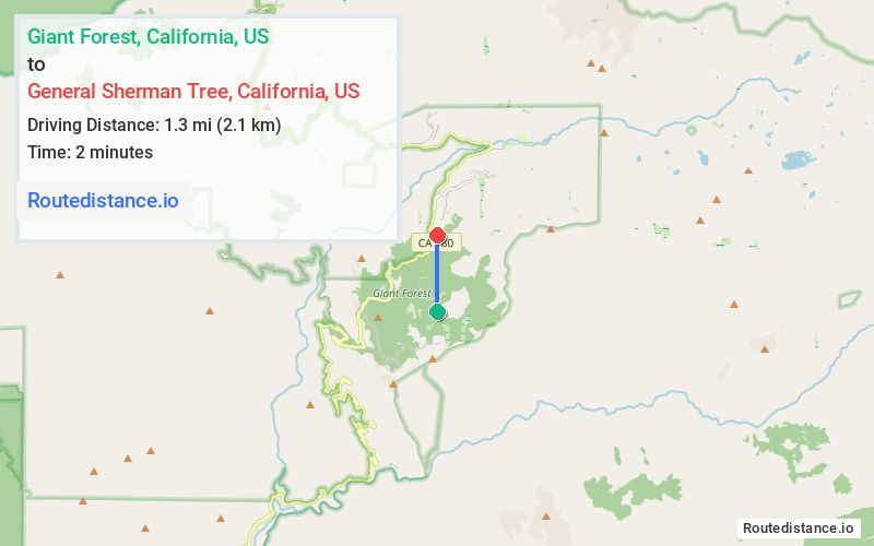 Route map from Giant Forest to General Sherman Tree