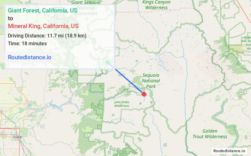 Route map from Giant Forest to Mineral King