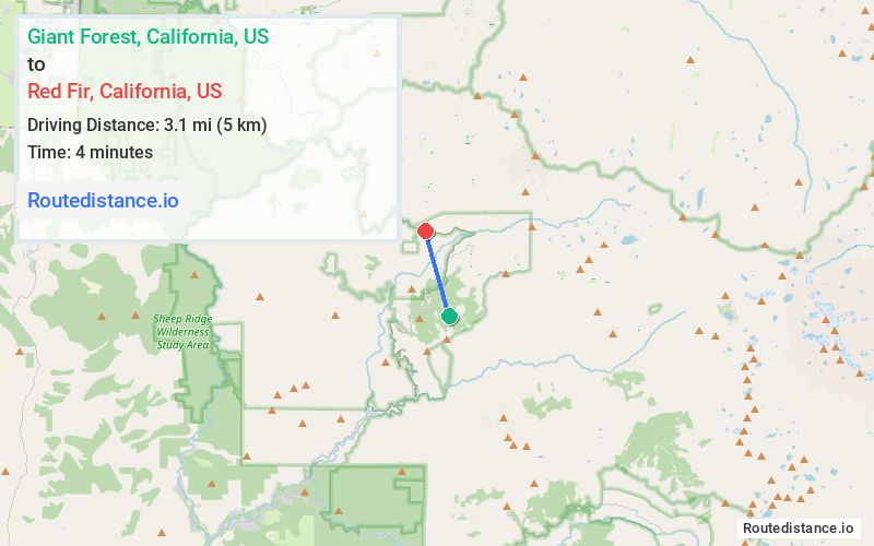 Route map from Giant Forest to Red Fir