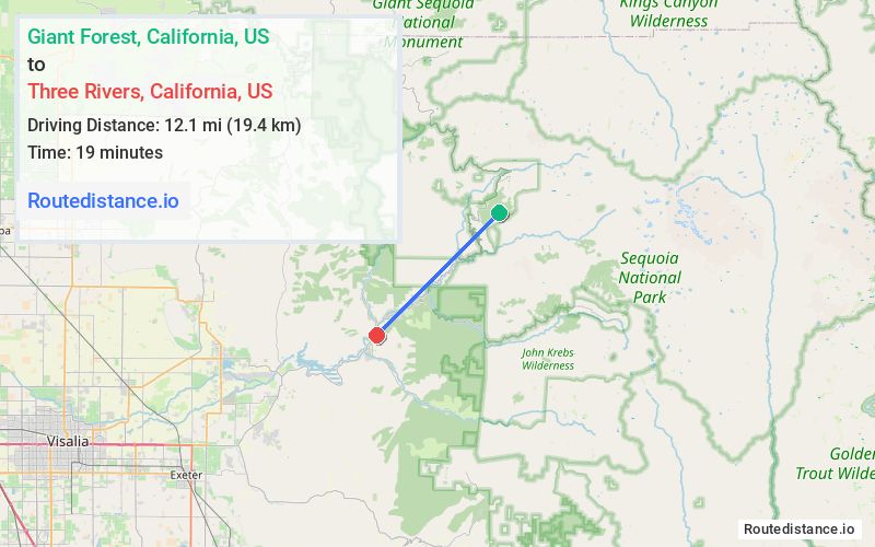 Route map from Giant Forest to Three Rivers