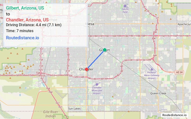 Route map from Gilbert to Chandler