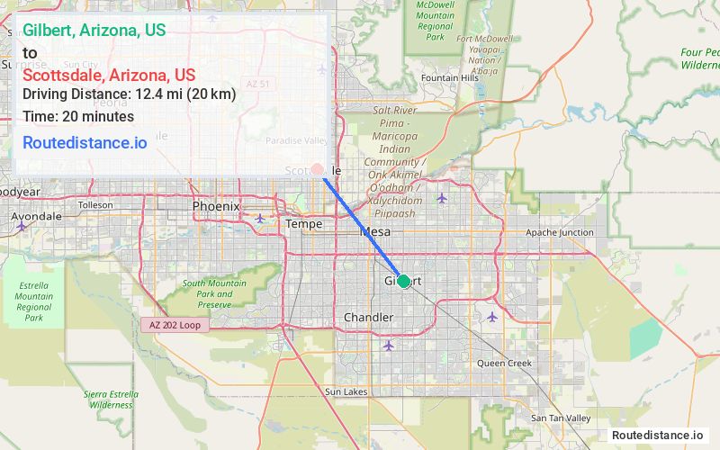 Route map from Gilbert to Scottsdale