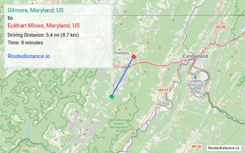 Route map from Gilmore to Eckhart Mines