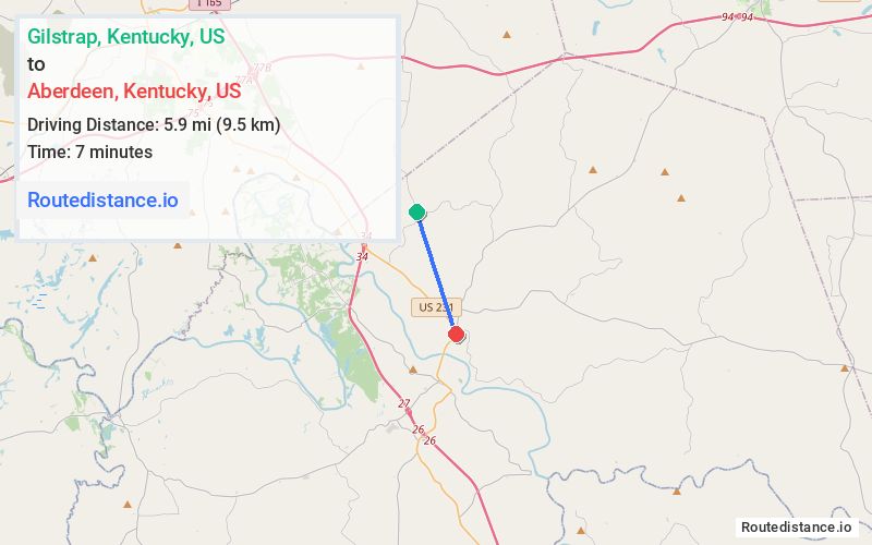 Route map from Gilstrap to Aberdeen