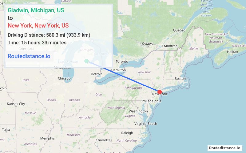 Route map from Gladwin to New York