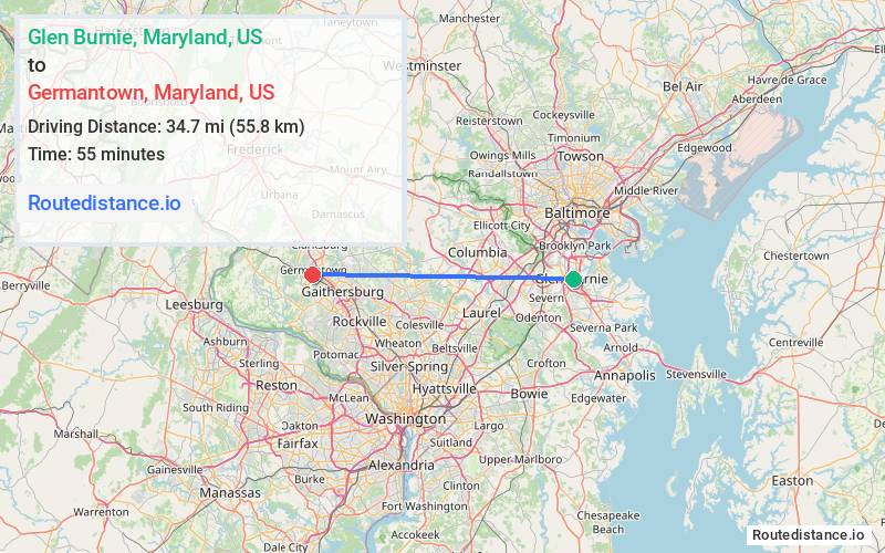 Route map from Glen Burnie to Germantown