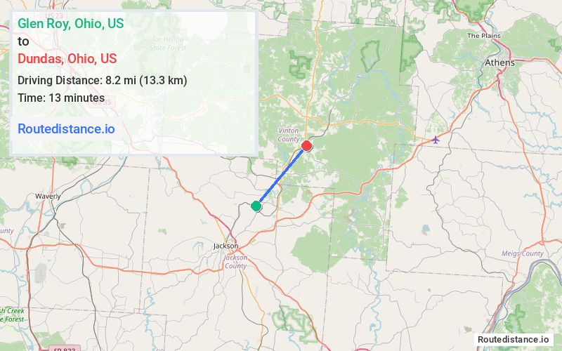 Route map from Glen Roy to Dundas