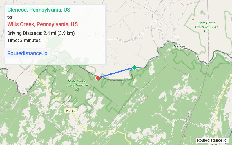 Route map from Glencoe to Wills Creek