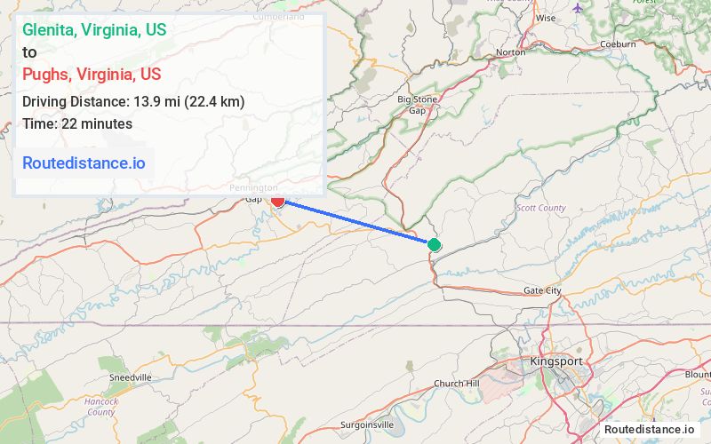 Distance from Glenita to Pughs
