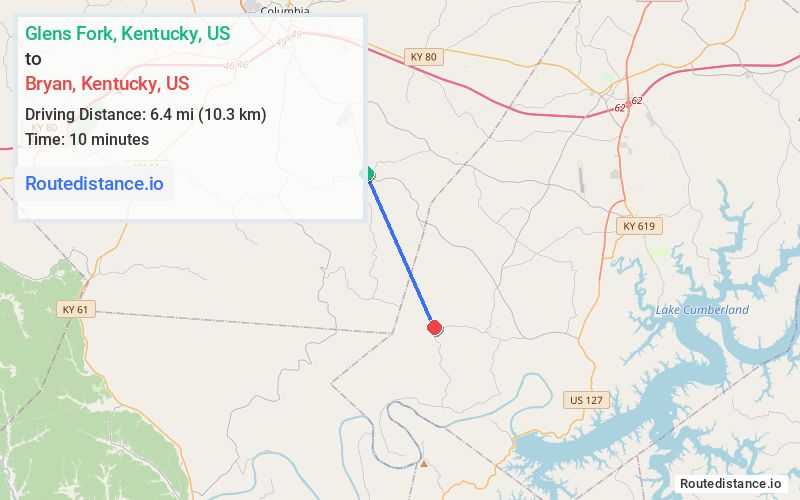 Route map from Glens Fork to Bryan