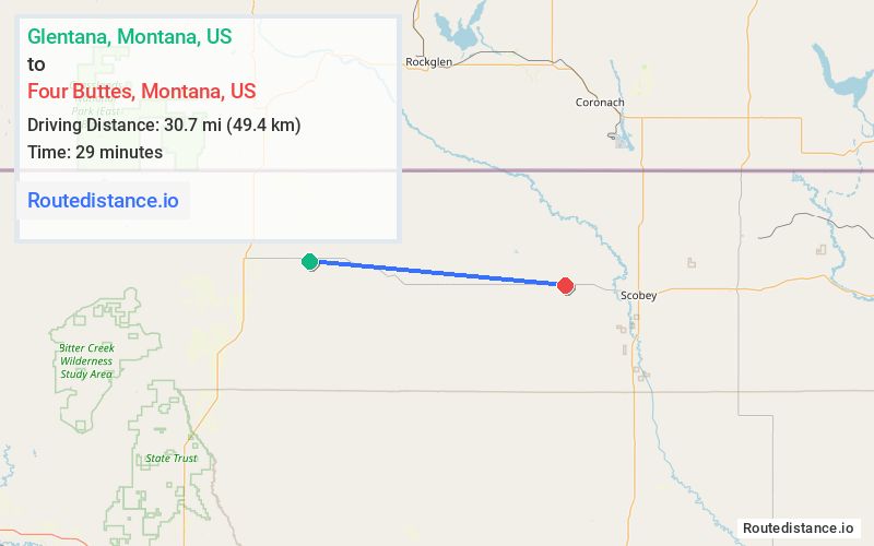 Route map from Glentana to Four Buttes