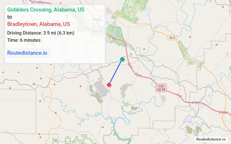 Route map from Gobblers Crossing to Bradleytown