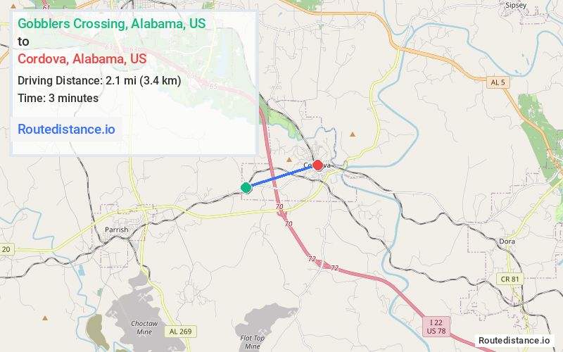 Route map from Gobblers Crossing to Cordova
