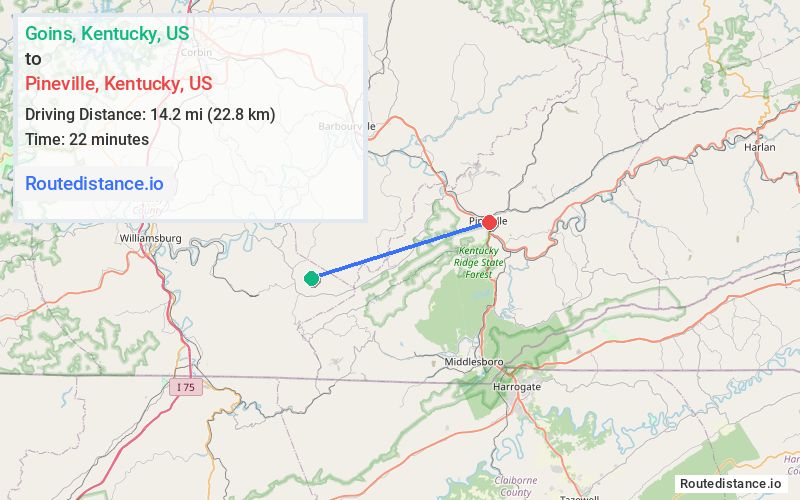 Route map from Goins to Pineville