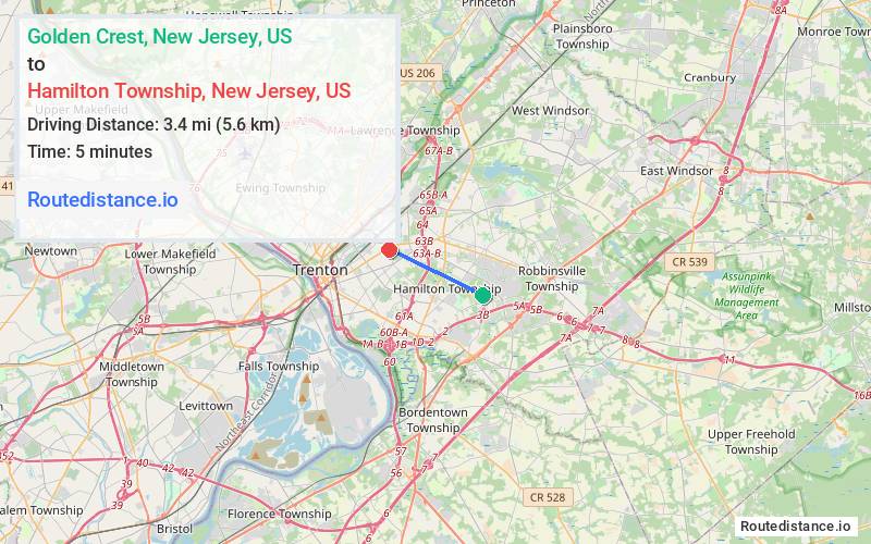 Route map from Golden Crest to Hamilton Township