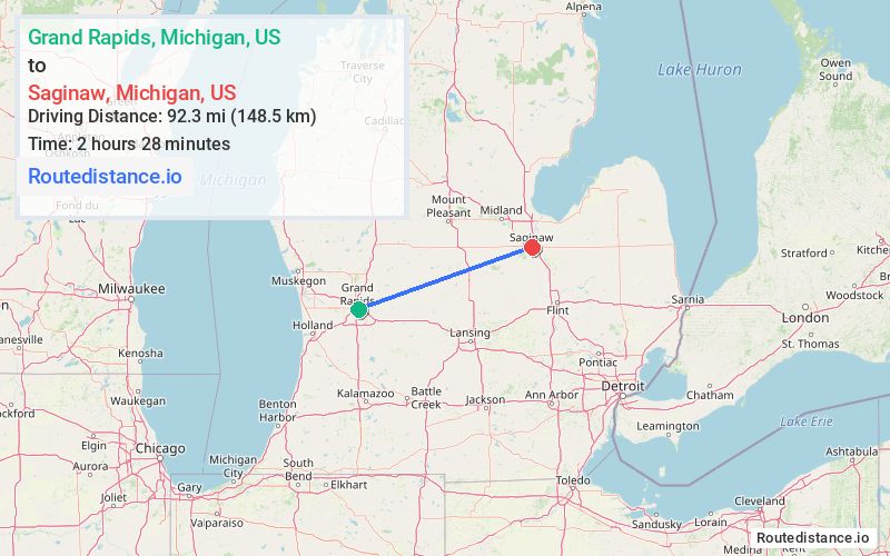 Route map from Grand Rapids to Saginaw