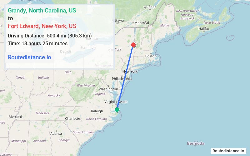 Route map from Grandy to Fort Edward