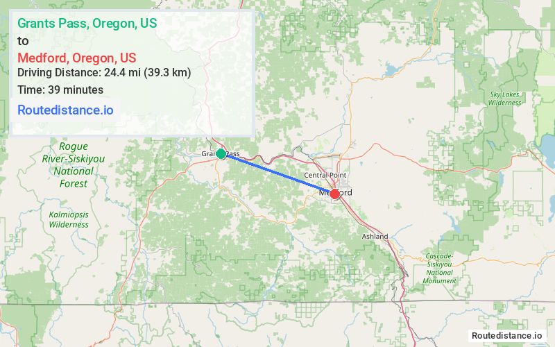 Route map from Grants Pass to Medford