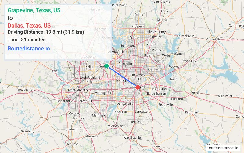 Route map from Grapevine to Dallas