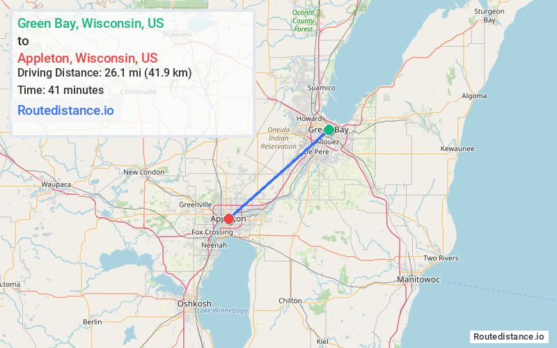 Route map from Green Bay to Appleton