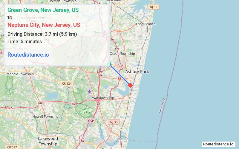 Route map from Green Grove to Neptune City