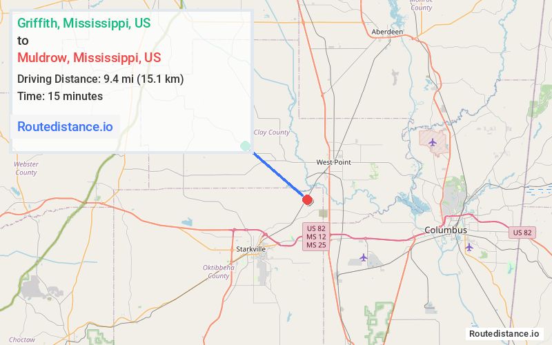 Route map from Griffith to Muldrow