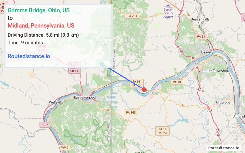 Route map from Grimms Bridge to Midland