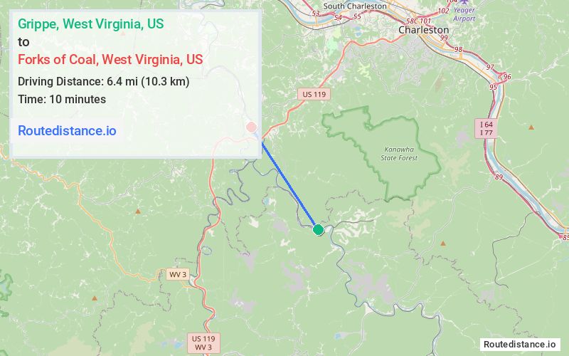 Route map from Grippe to Forks of Coal