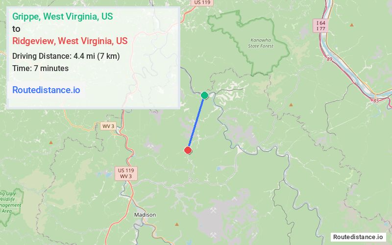 Route map from Grippe to Ridgeview