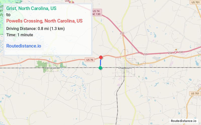 Route map from Grist to Powells Crossing
