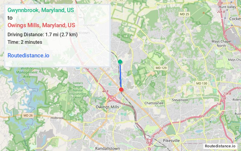 Route map from Gwynnbrook to Owings Mills