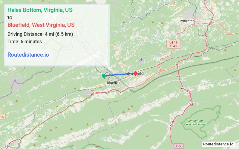Route map from Hales Bottom to Bluefield