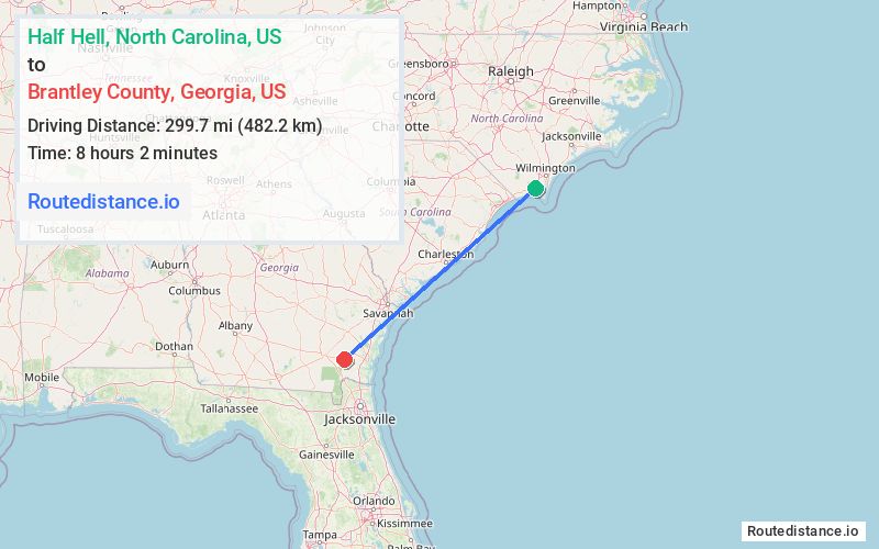 Route map from Half Hell to Brantley County