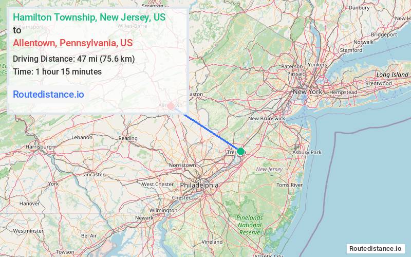 Route map from Hamilton Township to Allentown